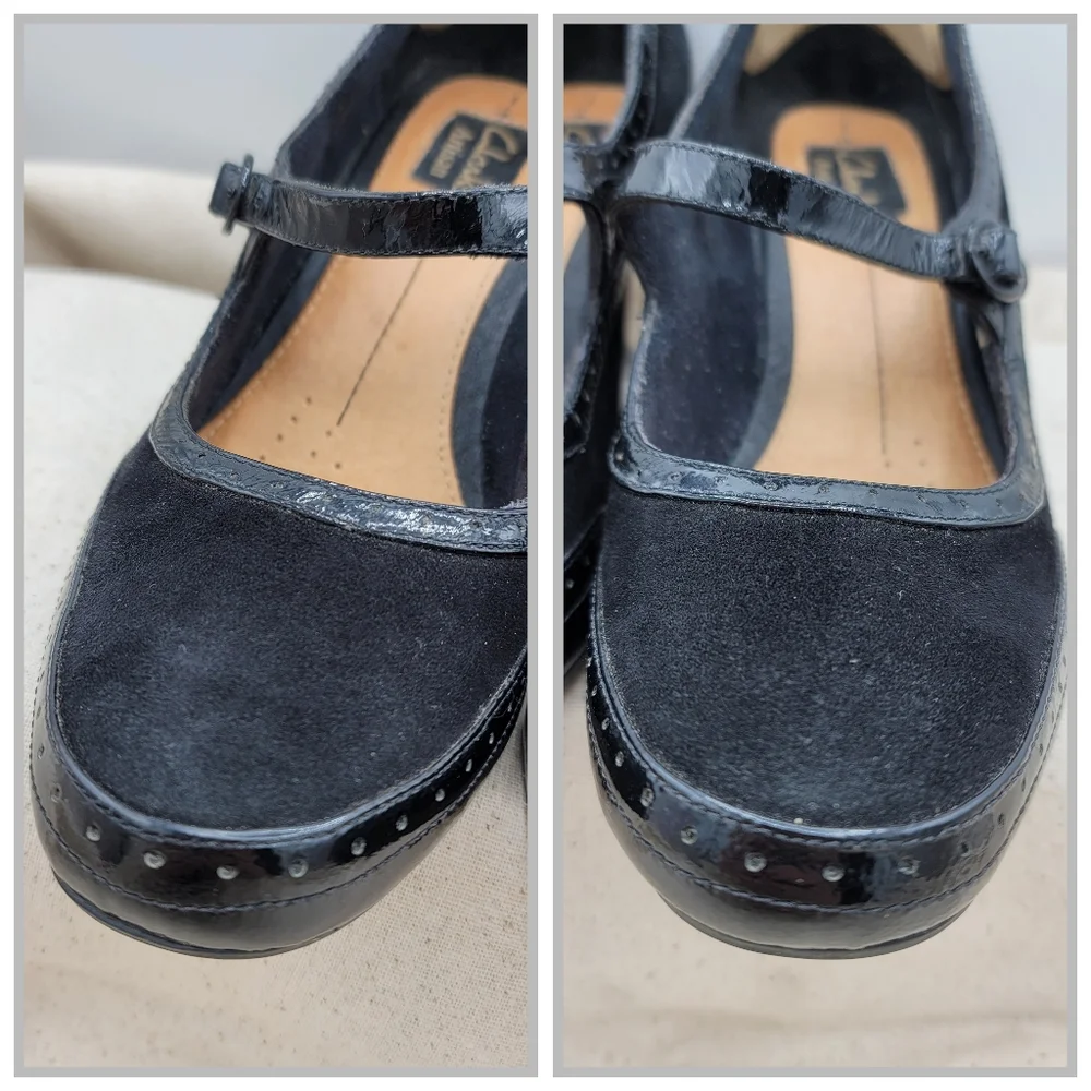 Clarks Artisan Diamond Shine Mary Jane Pumps Black Suede Patent 10" Footbed - Picture 4 of 15